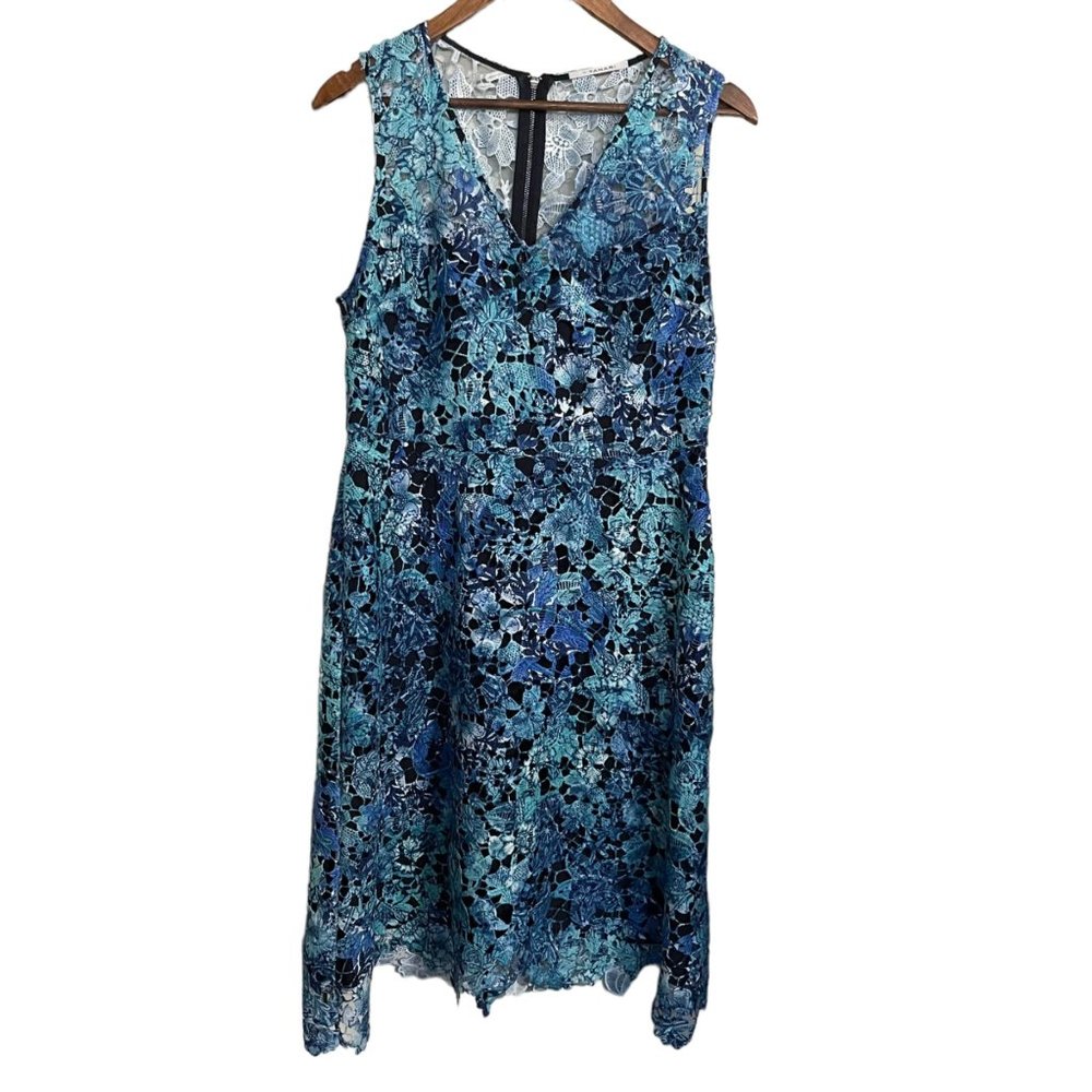 Tahari Womens Blue Teal Floral Lace Overlay Sleeveless Vneck Cocktail Dress 10